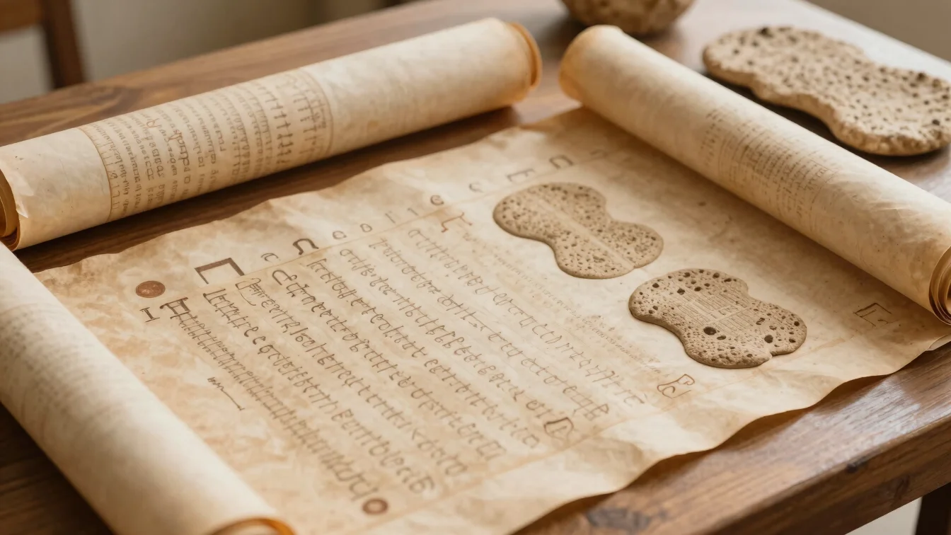 Ancient papyrus scrolls and clay tablets on a wooden table, bathe