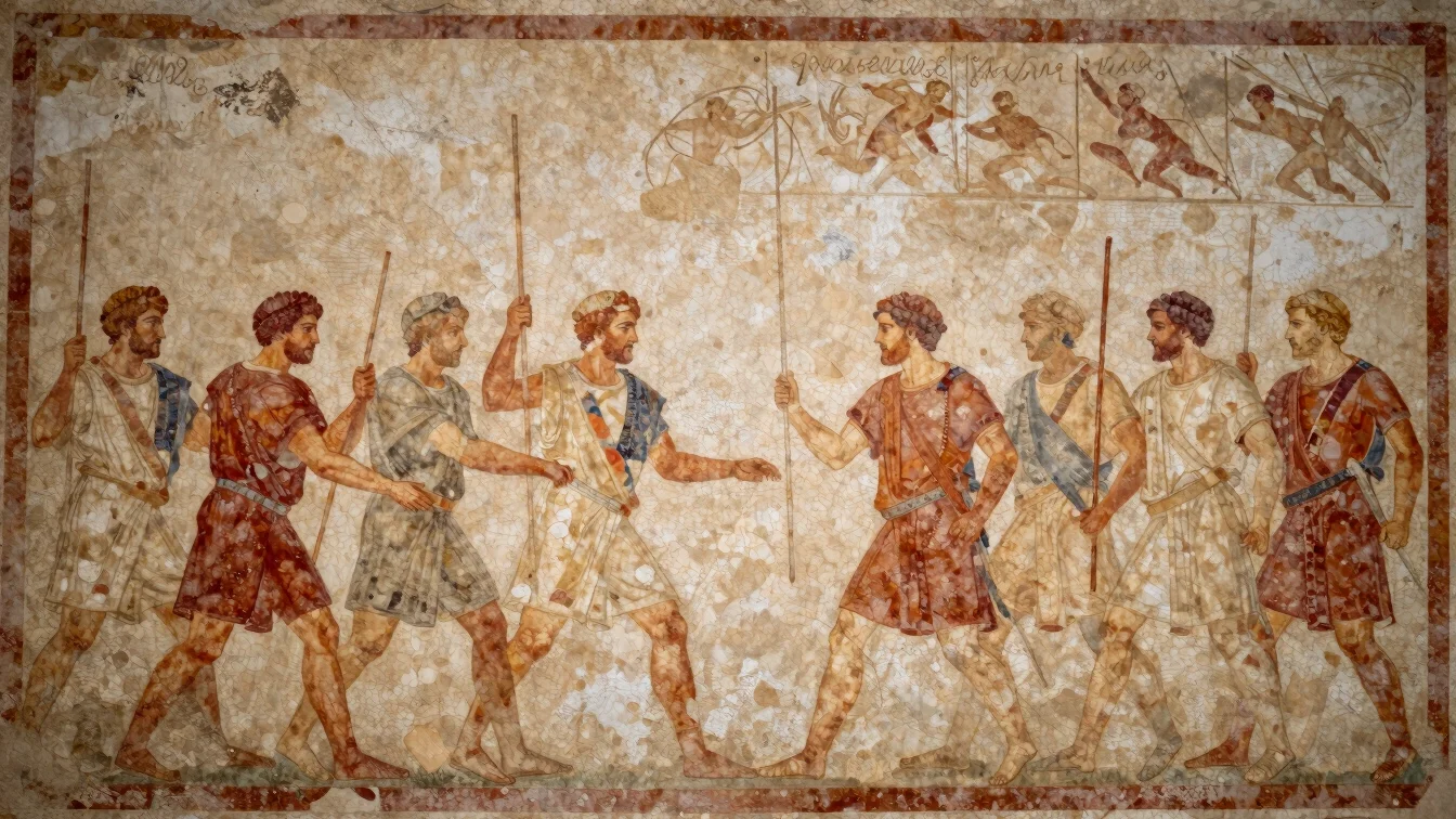 Fragment of an ancient Roman fresco depicting a battle scene, wit